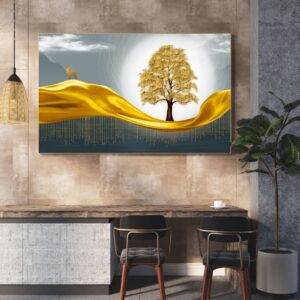 Tableau Moderne "Arbre Doré sur Collines"